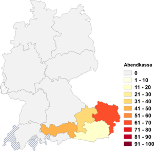 Relative Auftretenshäufigkeit von Abendkassa innerhalb der einzelnen Areale im Verhältnis zu Abendkasse (in %)