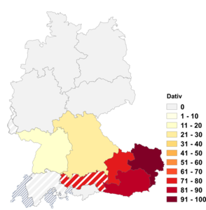 Relative Auftretenshäufigkeit von Reflexivpronomen im Dativ (ich tue mir leicht, schwer) innerhalb der einzelnen Areale im Verhältnis zu Reflexivpronomen im Akkusativ (ich tue mich leicht, schwer)' (in %)
