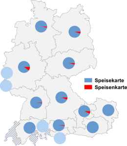 Relative Auftretenshäufigkeit von Speisekarte / Speisenkarte innerhalb der einzelnen Areale