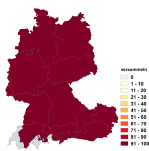 Relative Auftretenshäufigkeit von versammeln innerhalb der einzelnen Areale im Verhältnis zu besammeln (in %)