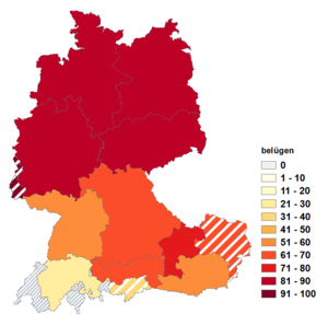 Relative Auftretenshäufigkeit von belügen innerhalb der einzelnen Areale im Verhältnis zu anlügen (in %)