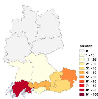 Relative Auftretenshäufigkeit von beiziehen innerhalb der einzelnen Areale im Verhältnis zu heranziehen und hinzuziehen (in %)