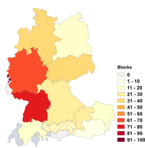 Relative Auftretenshäufigkeit von Blocks innerhalb der einzelnen Areale im Verhältnis zu Blöcke (in %)