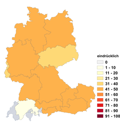 Relative Auftretenshäufigkeit von eindrücklich innerhalb der einzelnen Areale im Verhältnis zu beeindruckend und eindrucksvoll (in %)