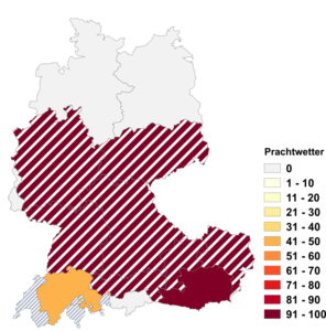 Relative Auftretenshäufigkeit von Prachtwetter innerhalb der einzelnen Areale im Verhältnis zu Prachtswetter (in %)