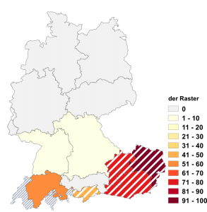 Relative Auftretenshäufigkeit von der Raster innerhalb der einzelnen Areale im Verhältnis zu das Raster (in %)