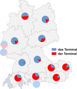 Relative Auftretenshäufigkeit von das Terminal / der Terminal innerhalb der einzelnen Areale