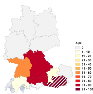 Relative Auftretenshäufigkeit von Alpe innerhalb der einzelnen Areale im Verhältnis zu Alp (in %)