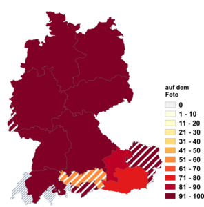 Relative Auftretenshäufigkeit von auf dem Foto innerhalb der einzelnen Areale im Verhältnis zu am Foto (in %)