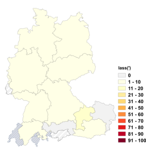 Relative Auftretenshäufigkeit von lass(') innerhalb der einzelnen Areale im Verhältnis zu lasse (in %)