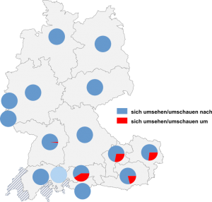 Relative Auftretenshäufigkeit von sich umschauen, sich umsehen nach / sich umschauen, sich umsehen um innerhalb der einzelnen Areale
