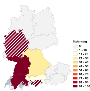 Relative Auftretenshäufigkeit von Stefanstag innerhalb der einzelnen Areale im Verhältnis zu Stefanitag (in %)