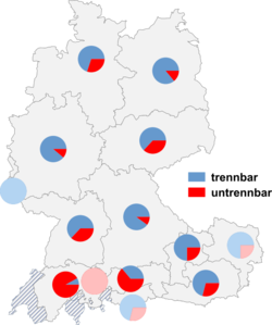 Relative Auftretenshäufigkeit der trennbaren / untrennbaren Verwendungsweise innerhalb der einzelnen Areale