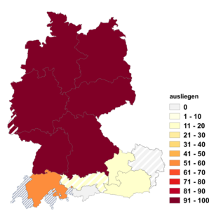 Relative Auftretenshäufigkeit von ausliegen innerhalb der einzelnen Areale im Verhältnis zu aufliegen (in %)