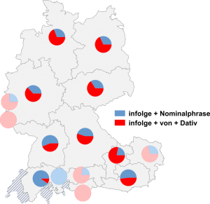 Relative Auftretenshäufigkeit von infolge + Nominalphrase / infolge + von + Dativ innerhalb der einzelnen Areale