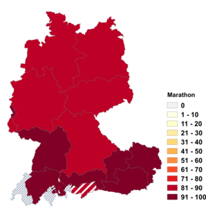 Relative Auftretenshäufigkeit von Marathon innerhalb der einzelnen Areale im Verhältnis zu Marathonlauf (in %)