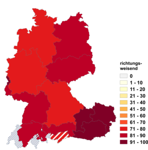 Relative Auftretenshäufigkeit von richtungsweisend innerhalb der einzelnen Areale im Verhältnis zu richtungweisend (in %)