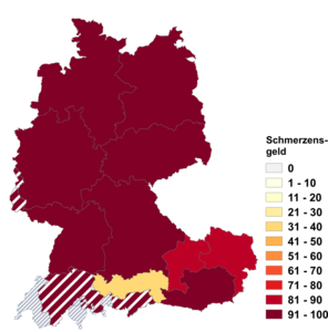 Relative Auftretenshäufigkeit von Schmerzensgeld innerhalb der einzelnen Areale im Verhältnis zu Schmerzengeld (in %)