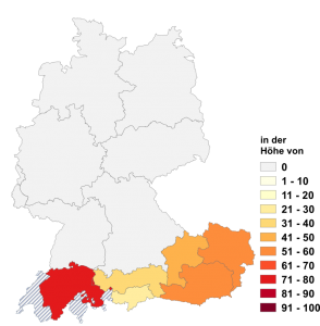 Relative Auftretenshäufigkeit von in der Höhe von innerhalb der einzelnen Areale im Verhältnis zu in Höhe von (in %)