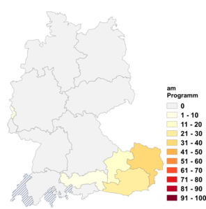Relative Auftretenshäufigkeit von am Programm innerhalb der einzelnen Areale im Verhältnis zu auf dem Programm (in %)