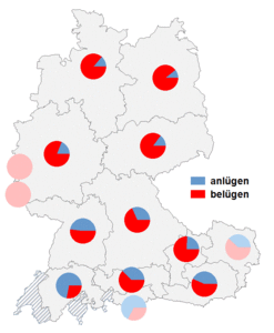 Relative Auftretenshäufigkeit von anlügen / belügen innerhalb der einzelnen Areale