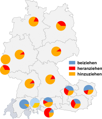 Relative Auftretenshäufigkeit von beiziehen / heranziehen / hinzuziehen innerhalb der einzelnen Areale