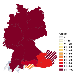 Relative Auftretenshäufigkeit von Gepäck- innerhalb der einzelnen Areale im Verhältnis zu Gepäcks- (in %)