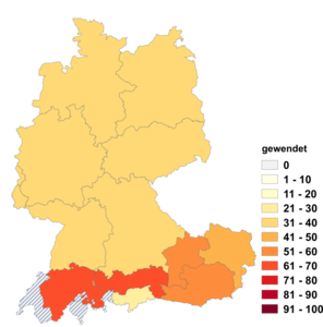 Relative Auftretenshäufigkeit von gewendet innerhalb der einzelnen Areale im Verhältnis zu gewandt (in %)