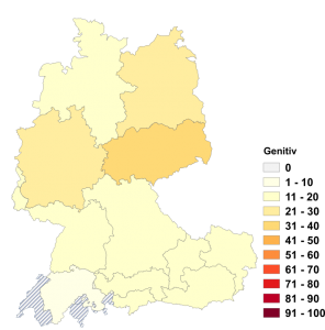 Relative Auftretenshäufigkeit des Genitivs bei entgegen, gemäß, mitsamt, nahe und samt innerhalb der einzelnen Areale im Verhältnis zum Dativ (in %)