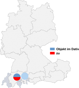 Relative Auftretenshäufigkeit von Sorge tragen mit Dativobjekt / mit zu innerhalb der einzelnen Areale